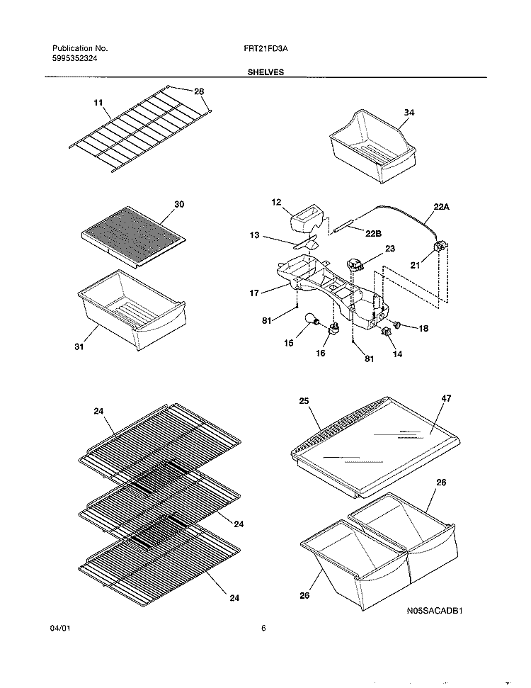 SHELVES Diagram and Parts List for FRT21FD3AQ1  Frigidaire Refrigerator