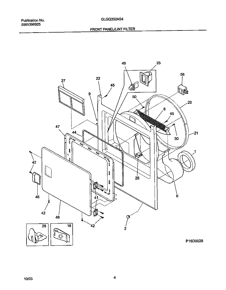 FRONT PANEL / LINT FILTER Diagram and Parts List for GLGQ332AS4  Frigidaire Dryer