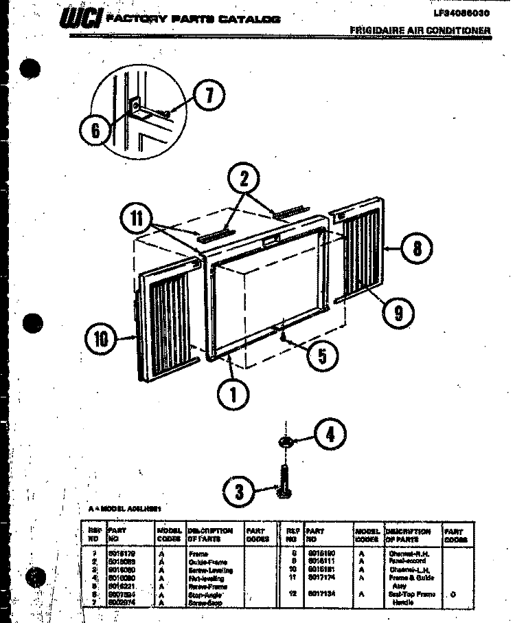 WINDOW MOUNTING PARTS Diagram and Parts List for A06LH5E1  Frigidaire Air Conditioner