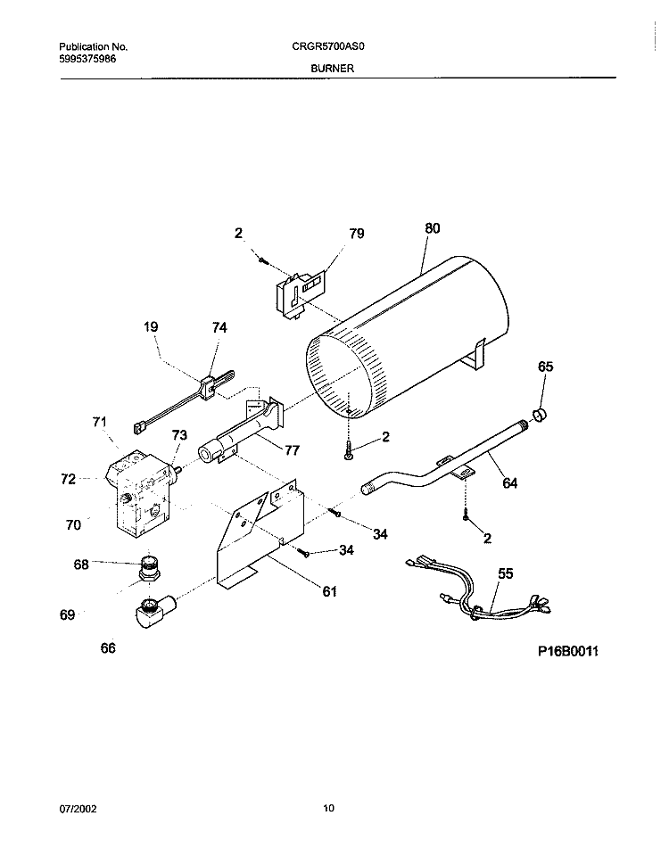 BURNER, VALVE Diagram and Parts List for CRGR5700AS0  Frigidaire Dryer