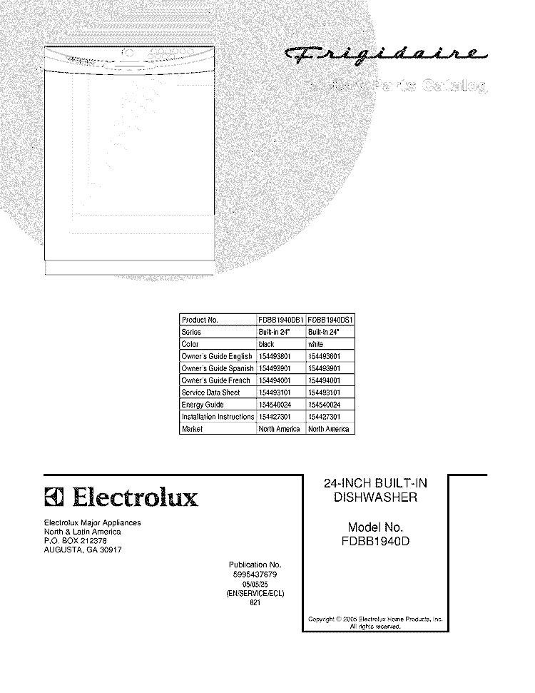 COVER Diagram and Parts List for FDBB1940DB1  Frigidaire Dishwasher