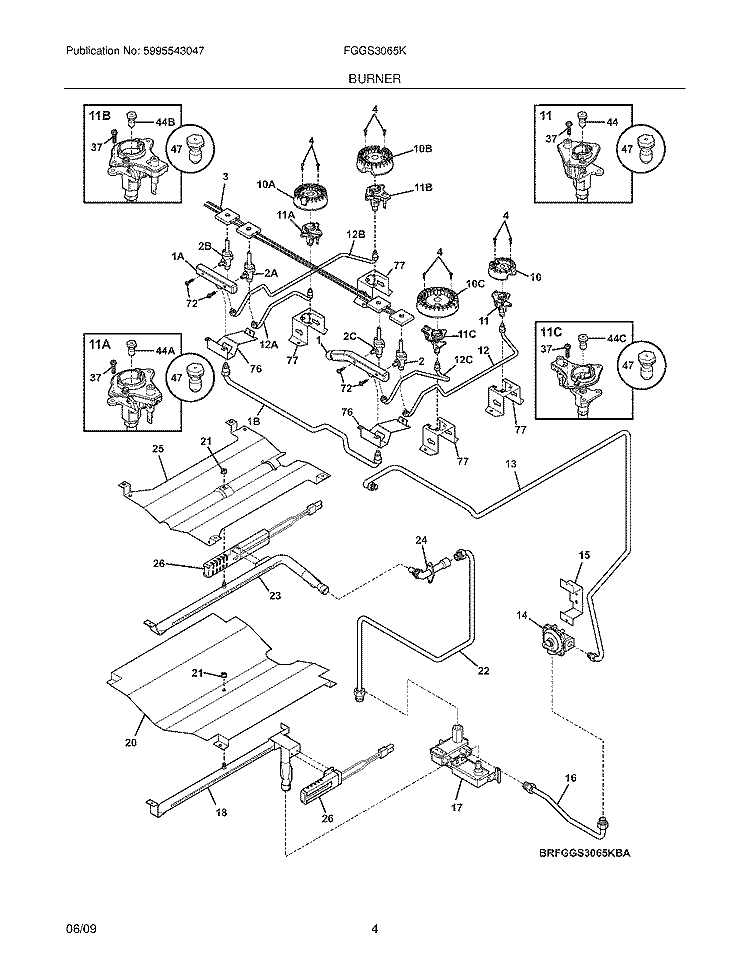 BURNER Diagram and Parts List for FGGS3065KBA  Frigidaire Range