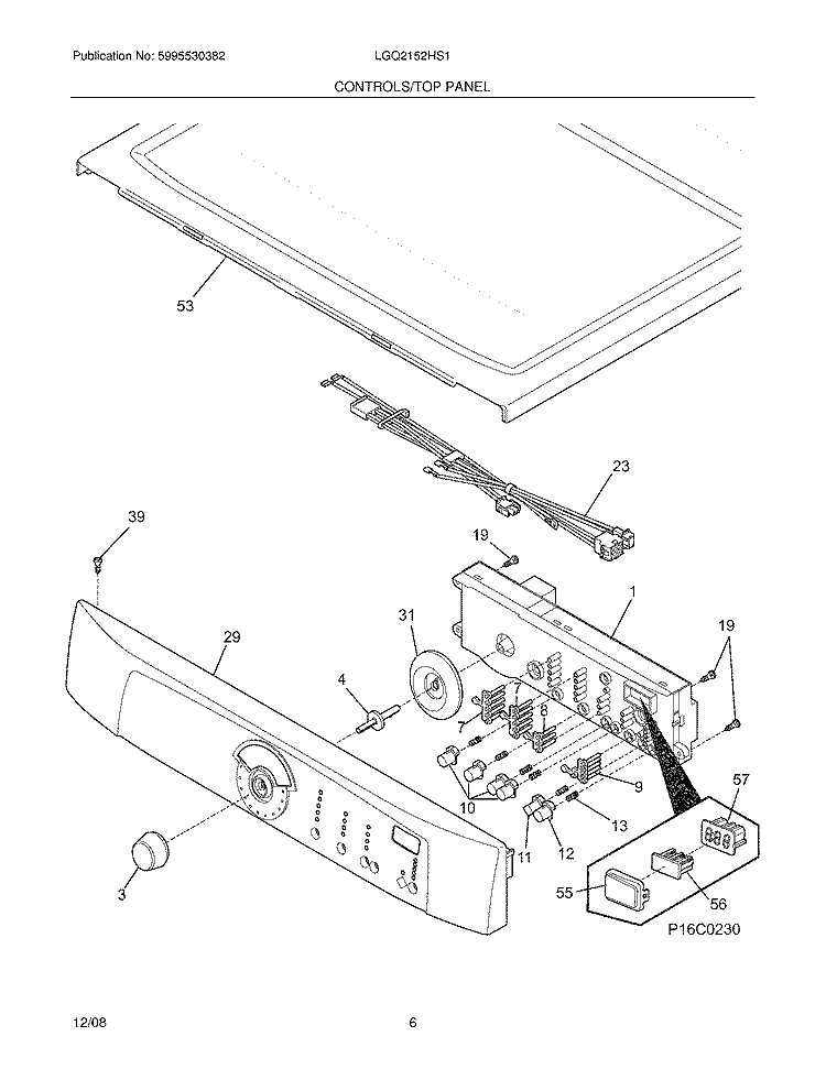 CONTROLS/TOP PANEL Diagram and Parts List for LGQ2152HS1  Frigidaire Dryer