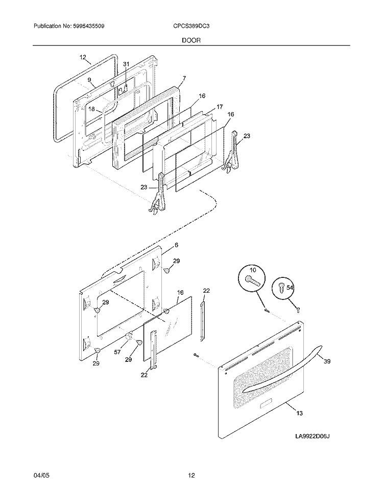 DOOR Diagram and Parts List for CPCS389DC3  Frigidaire Range
