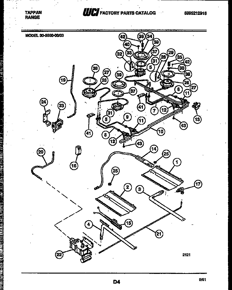 BURNER, MANIFOLD AND GAS CONTROL Diagram and Parts List for 30-3860-23-03  Tappan Range