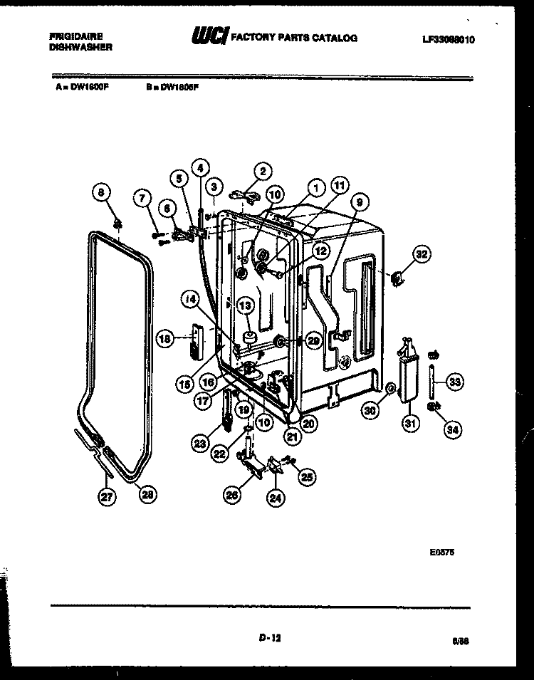 TUB AND FRAME PARTS Diagram and Parts List for DW1800FH  Frigidaire Dishwasher