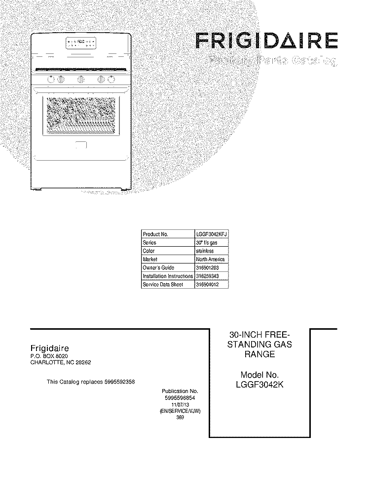 COVER Diagram and Parts List for LGGF3042KFJ  Frigidaire Range