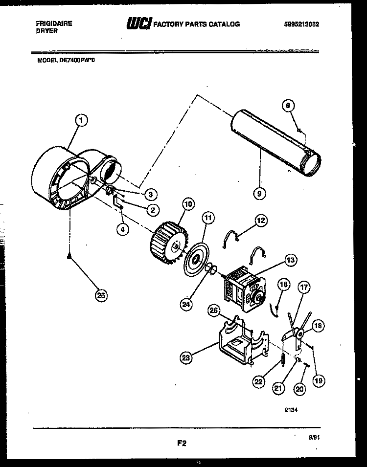 BLOWER AND DRIVE PARTS Diagram and Parts List for DE7400PW0  Frigidaire Dryer