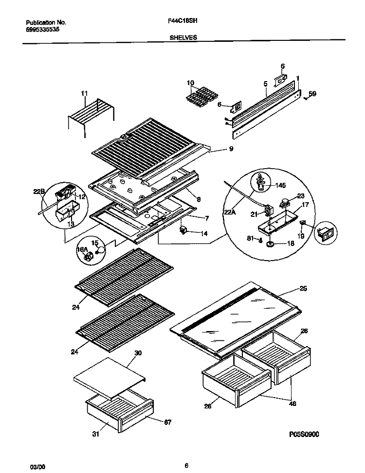 SHELVES Diagram and Parts List for F44C18SHD0  Frigidaire Refrigerator