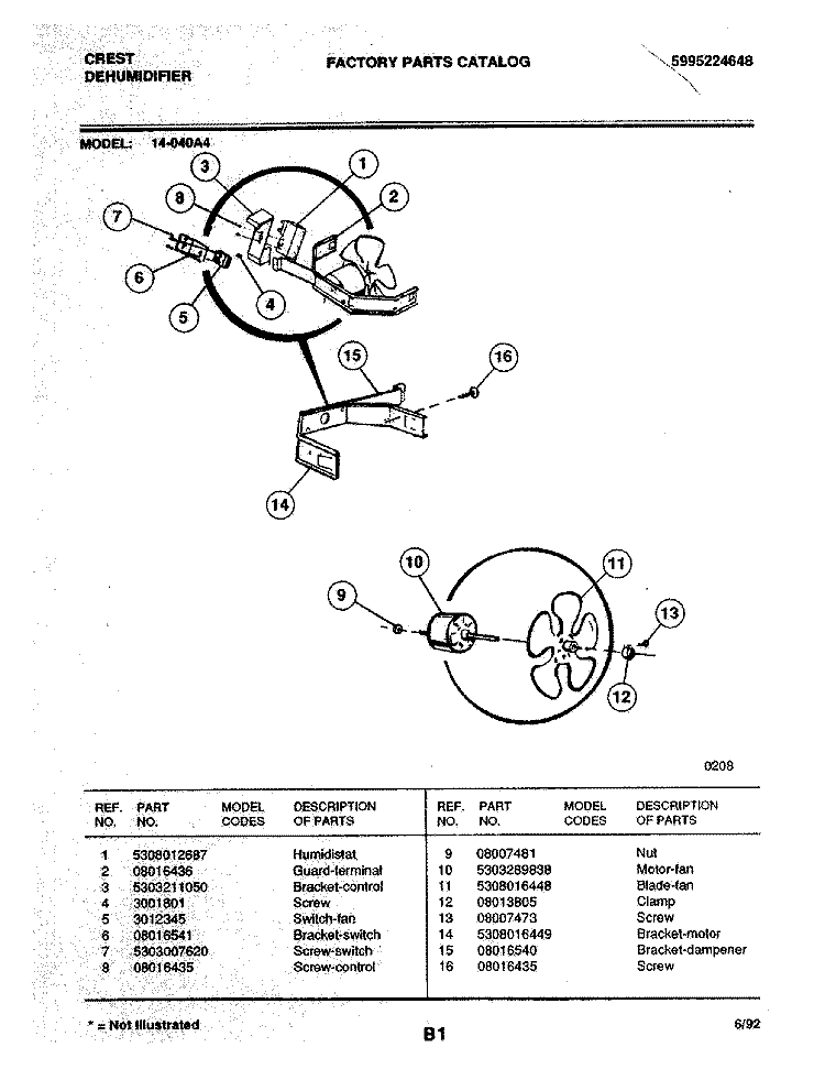 FAN Diagram and Parts List for 14-040A4  Frigidaire Dehumidifier