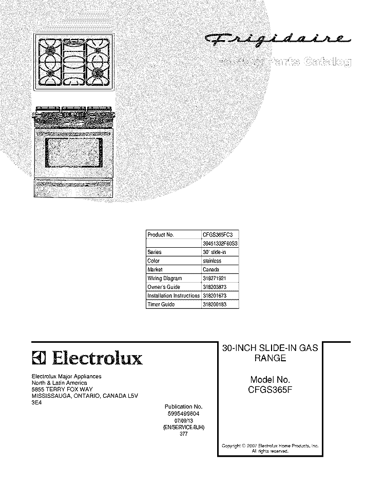 COVER Diagram and Parts List for CFGS365FC3  Frigidaire Range