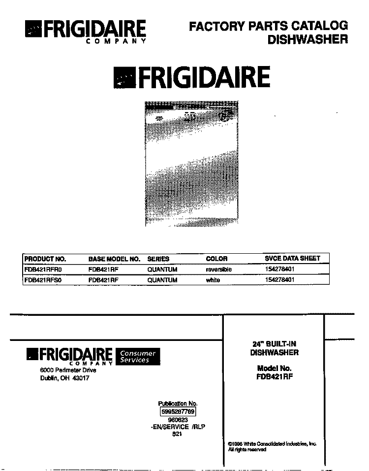 COVER Diagram and Parts List for FDB421RFR0  Frigidaire Dishwasher