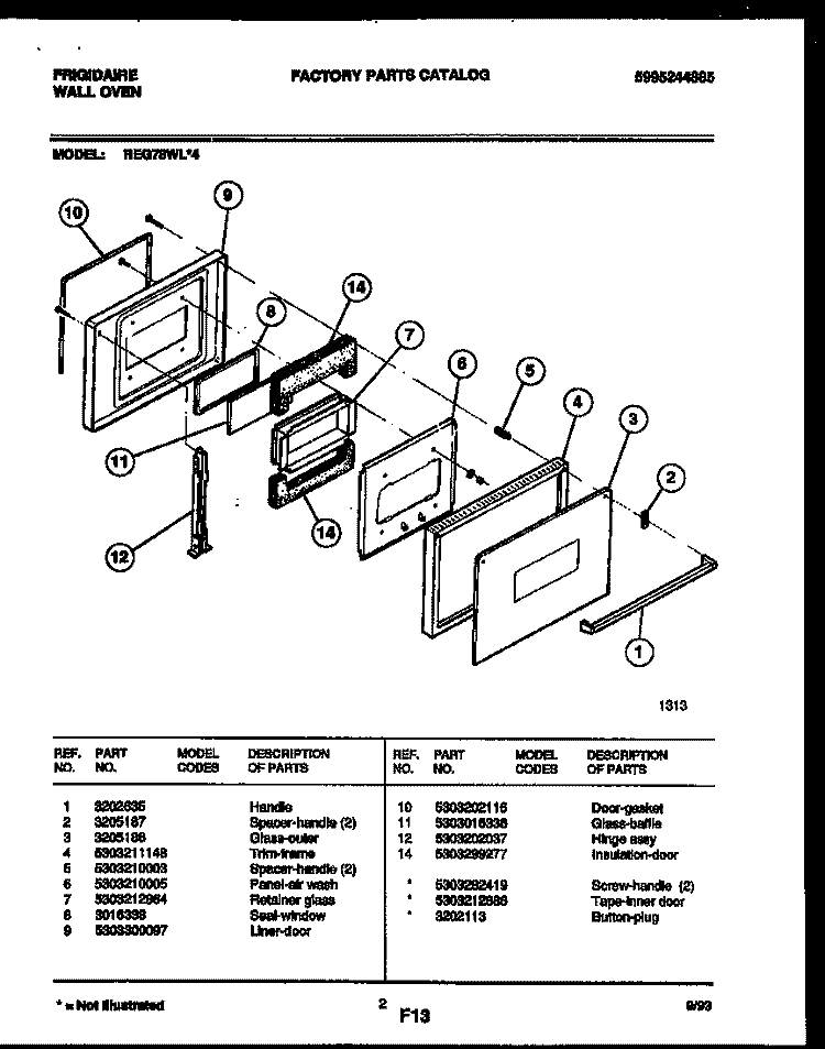 DOOR PARTS Diagram and Parts List for REG78WL4  Frigidaire Wall Oven