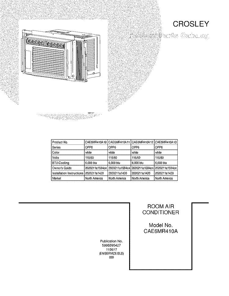 COVER Diagram and Parts List for CAE6MR410A13  Crosley Air Conditioner