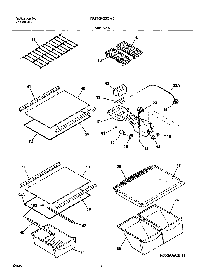 SHELVES Diagram and Parts List for FRT18KG3CW0  Frigidaire Refrigerator