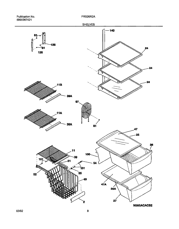 SHELVES Diagram and Parts List for FRS26R2AQ1  Frigidaire Refrigerator