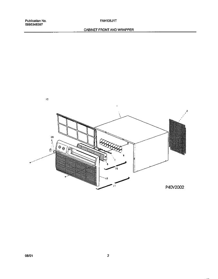 CABINET FRONT AND WRAPPER Diagram and Parts List for FAH106J1T2  Frigidaire Air Conditioner