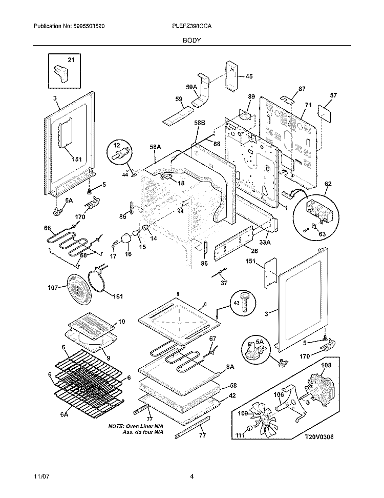 BODY Diagram and Parts List for PLEFZ398GCA  Frigidaire Range