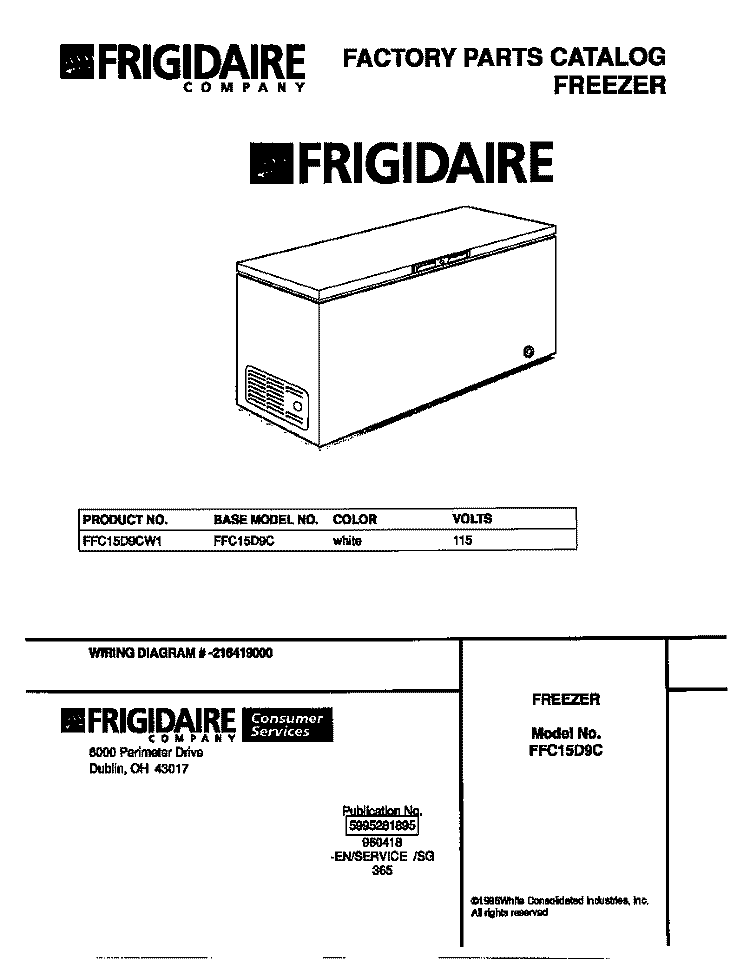 COVER Diagram and Parts List for FFC15D9CW1  Frigidaire Freezer