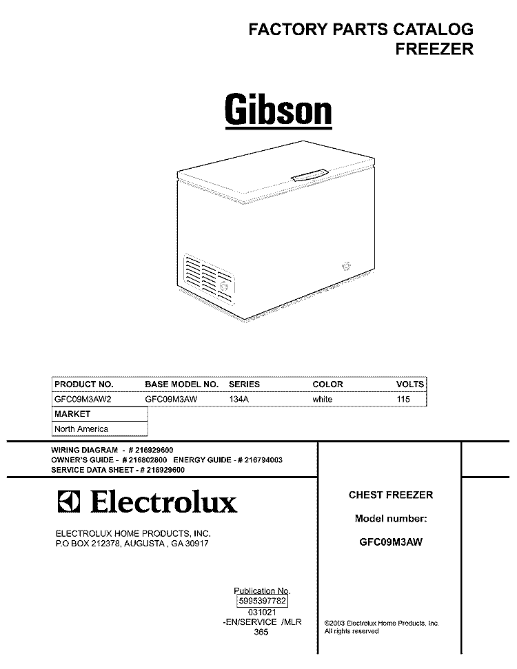 COVER Diagram and Parts List for GFC09M3AW2  Gibson Freezer