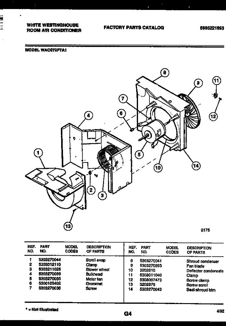 AIR HANDLING PARTS Diagram and Parts List for WAC072P7A1  Frigidaire Air Conditioner