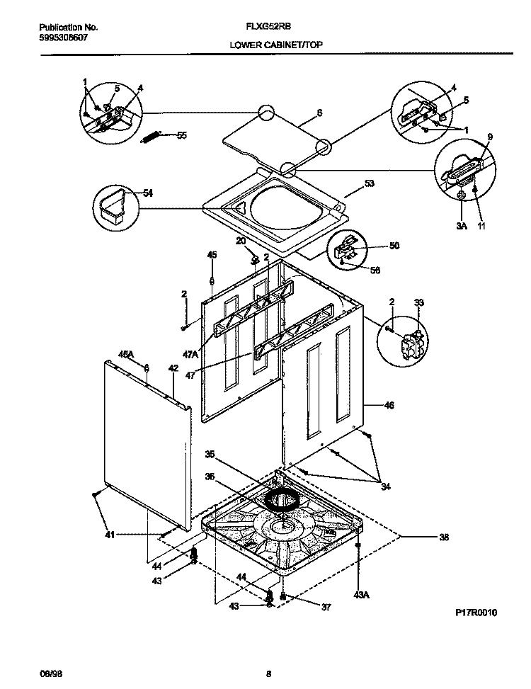 LOWER CABINET / TOP Diagram and Parts List for FLXG52RBS6  Frigidaire Washer Dryer Combo