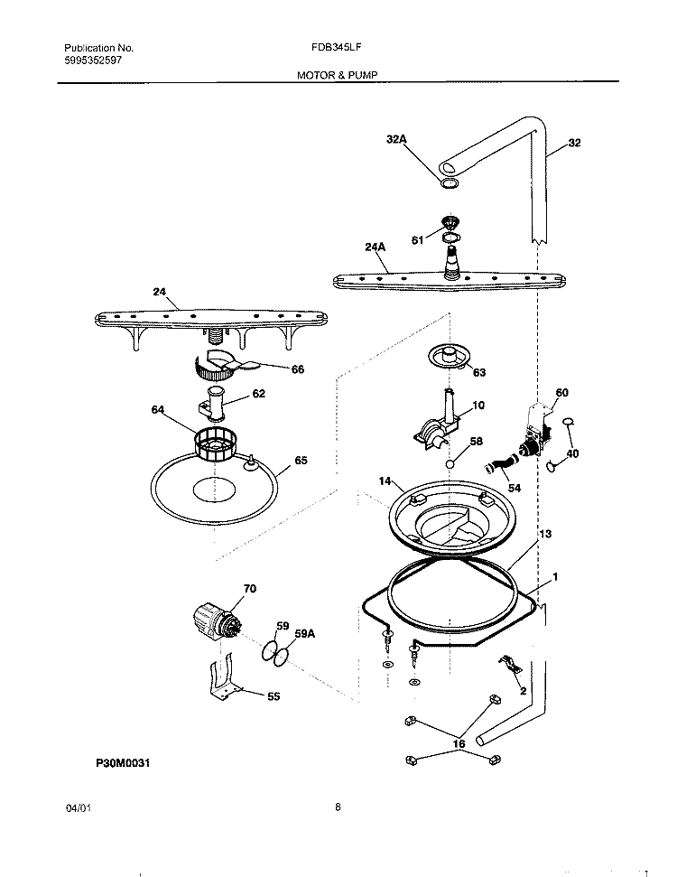 MOTOR AND PUMP Diagram and Parts List for FDB345LFS2  Frigidaire Dishwasher