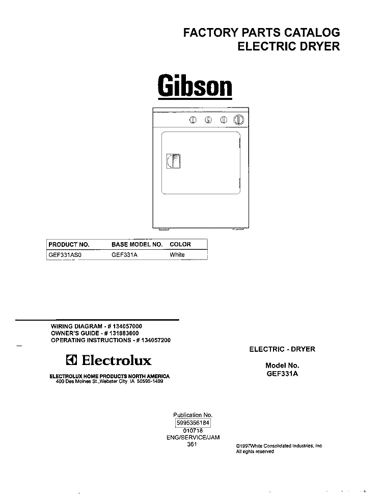 COVER Diagram and Parts List for GEF331AS0  Gibson Dryer