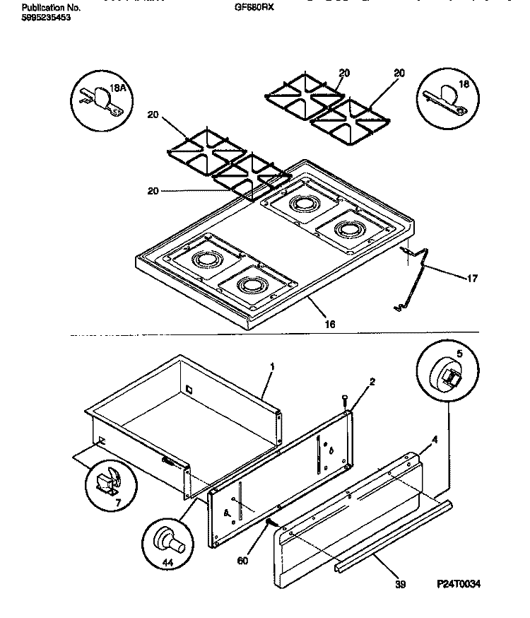 TOP / DRAWER Diagram and Parts List for GF680RXD2  Frigidaire Range