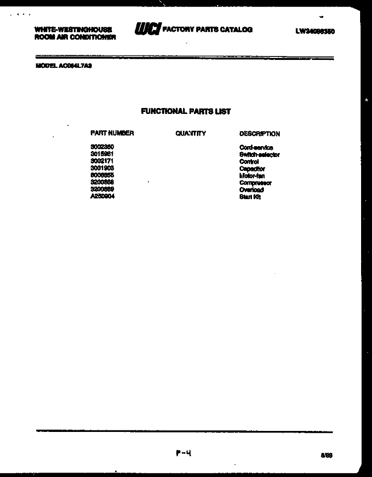 COMPRESSOR PARTS Diagram and Parts List for AH125L2T1  Frigidaire Air Conditioner