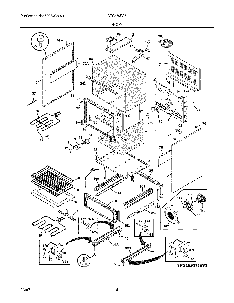 BODY Diagram and Parts List for BES375ES6  Crosley Wall Oven