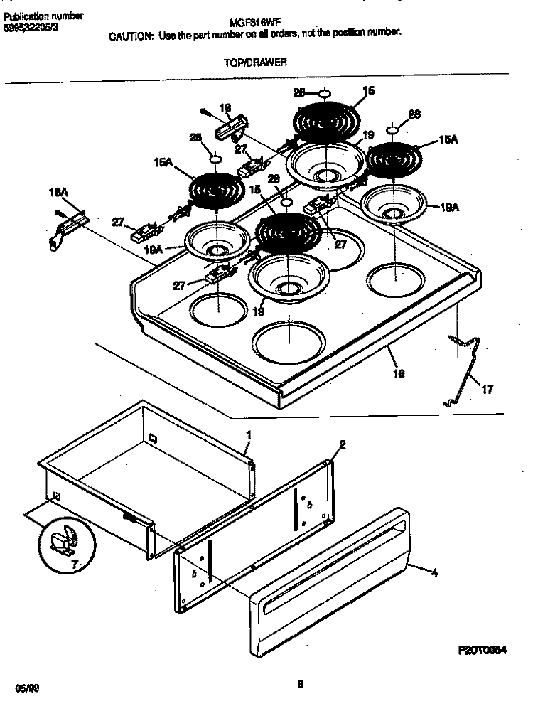 TOP / DRAWER Diagram and Parts List for MEF316WFTD  Frigidaire Range