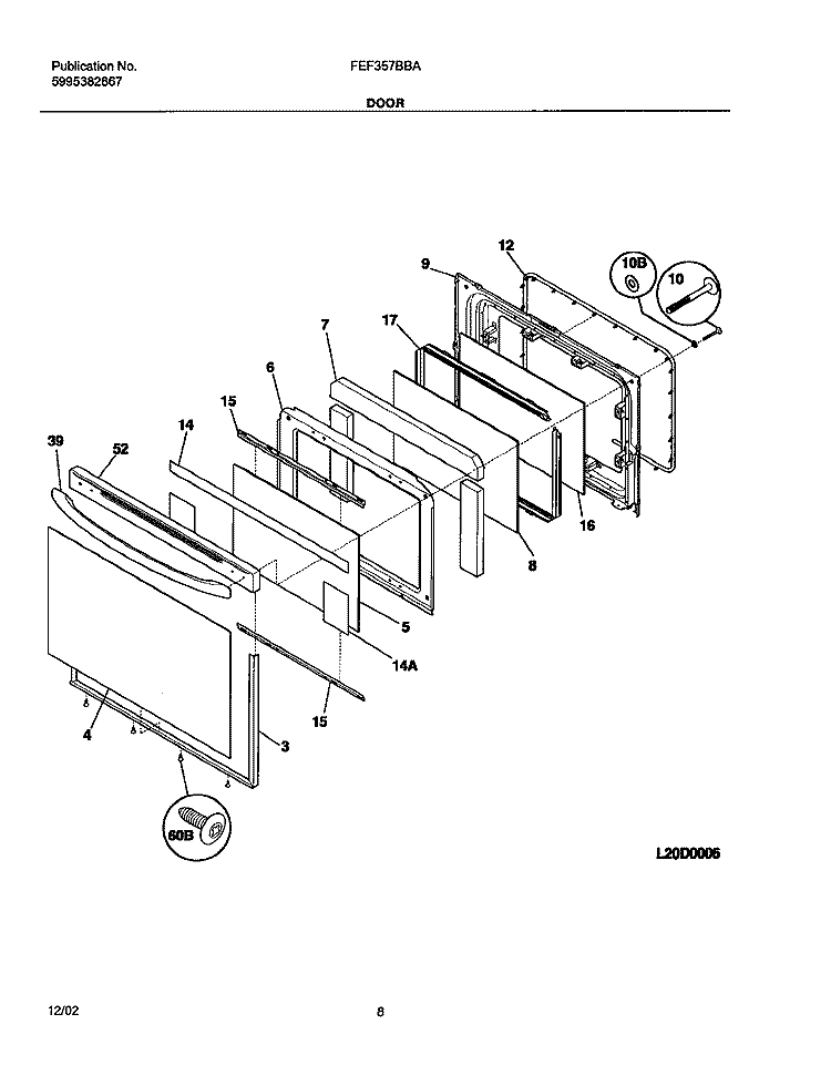 DOOR Diagram and Parts List for FEF357BBA  Frigidaire Range