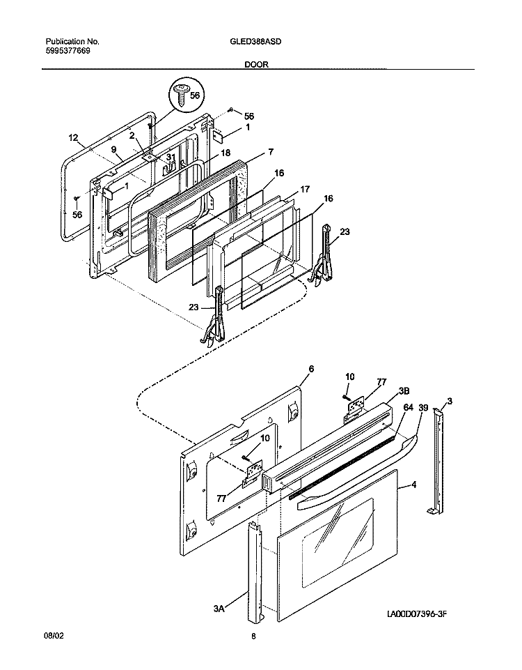 DOOR Diagram and Parts List for GLED388ASD  Frigidaire Range