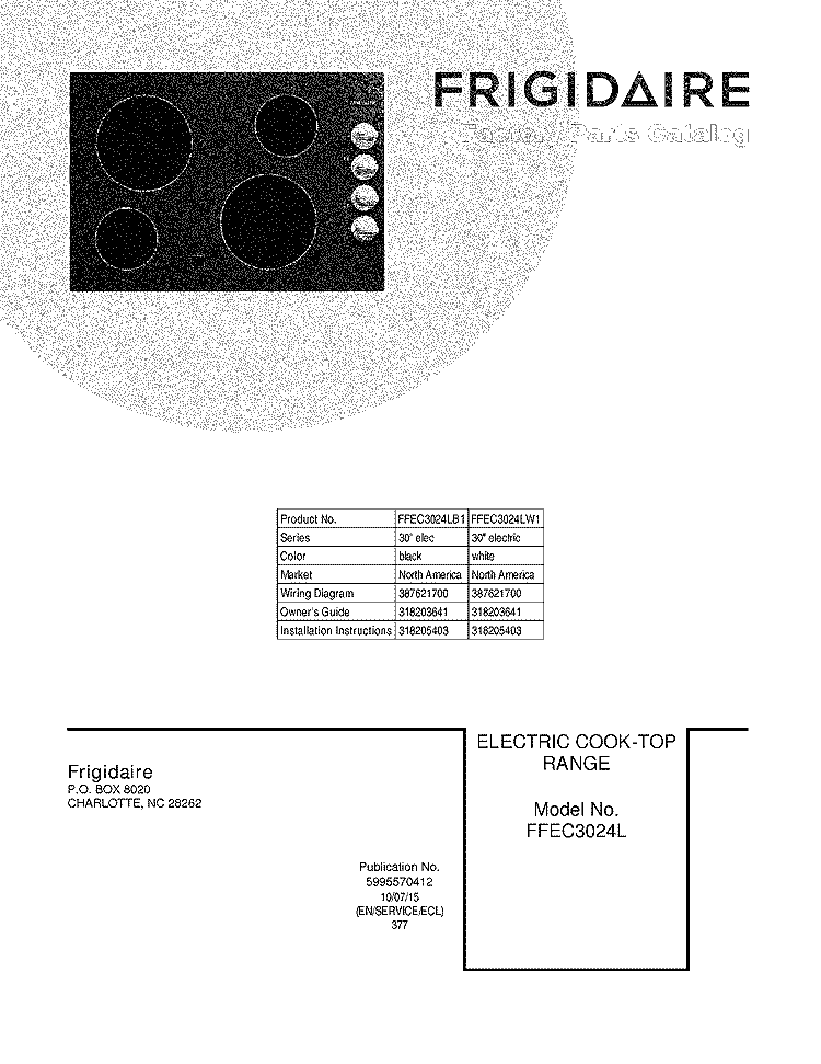 COVER Diagram and Parts List for FFEC3024LB1  Frigidaire Cooktop