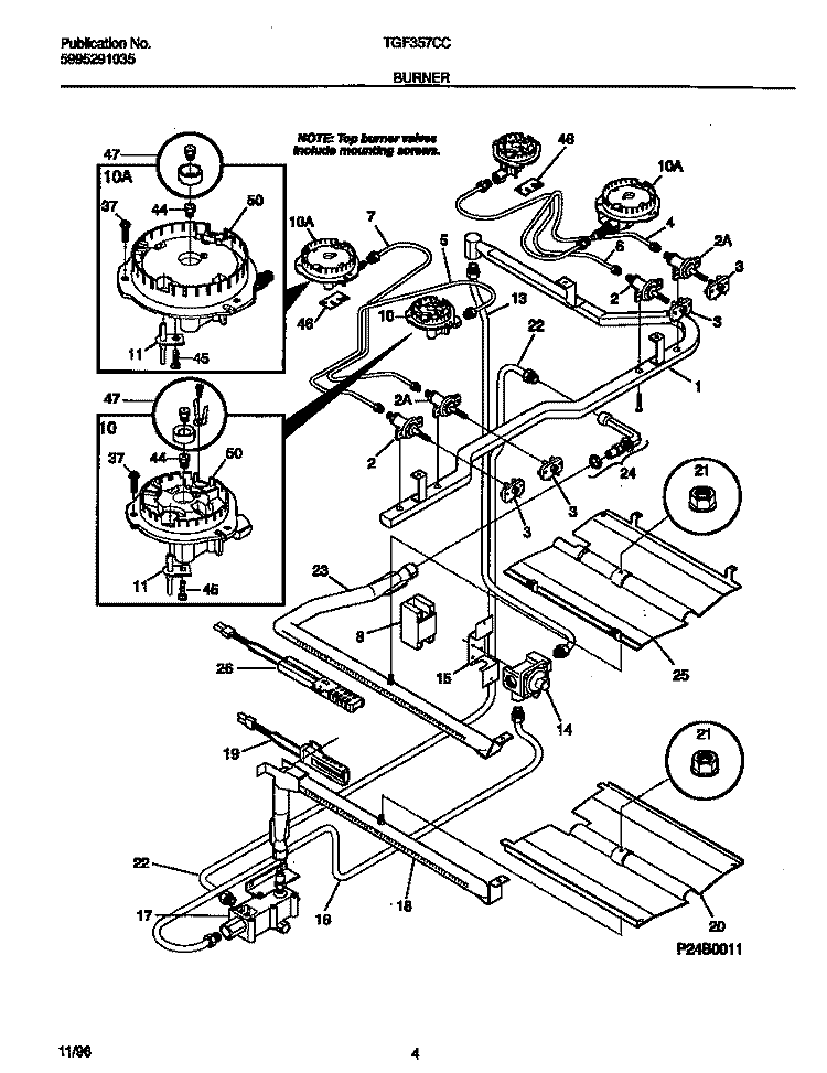 BURNER Diagram and Parts List for TGF357CCTE  Tappan Range