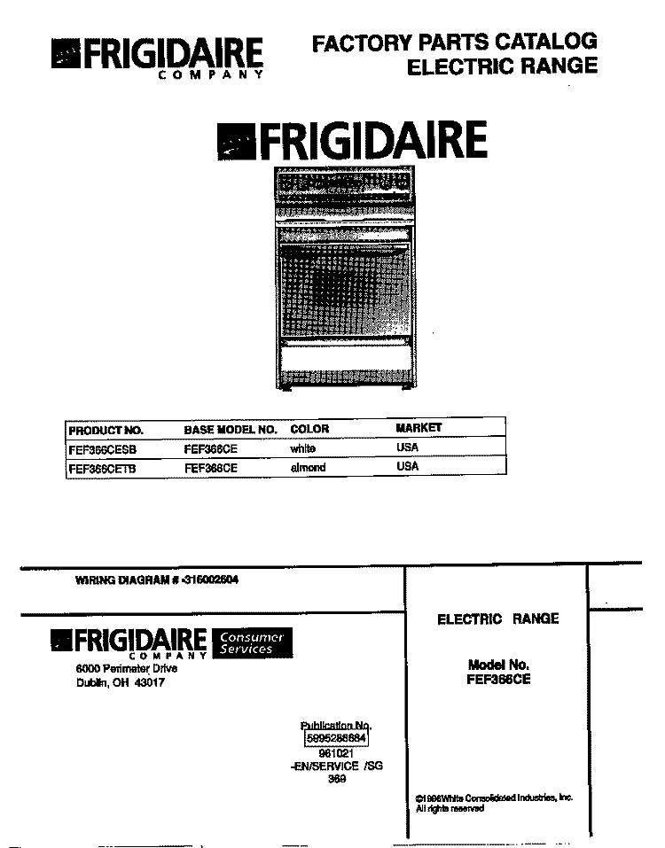 COVER Diagram and Parts List for FEF366CESB  Frigidaire Range