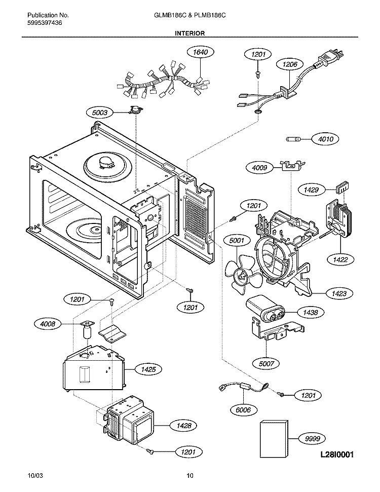 INTERIOR Diagram and Parts List for GLMB186CB1  Frigidaire Microwave