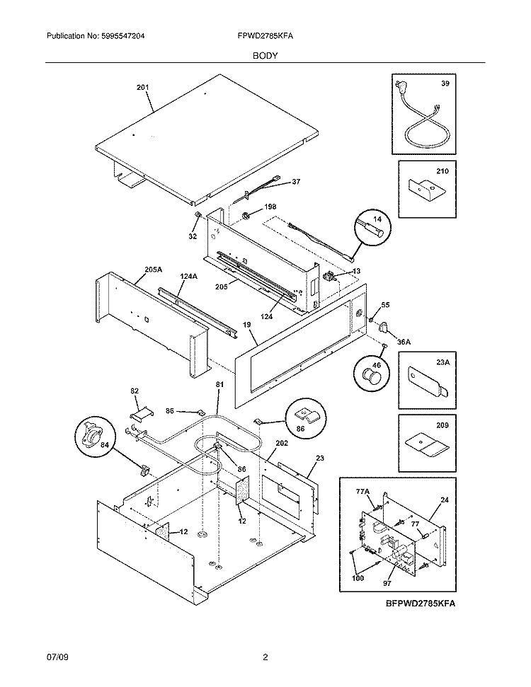 BODY Diagram and Parts List for FPWD2785KFA  Frigidaire Warming Drawer
