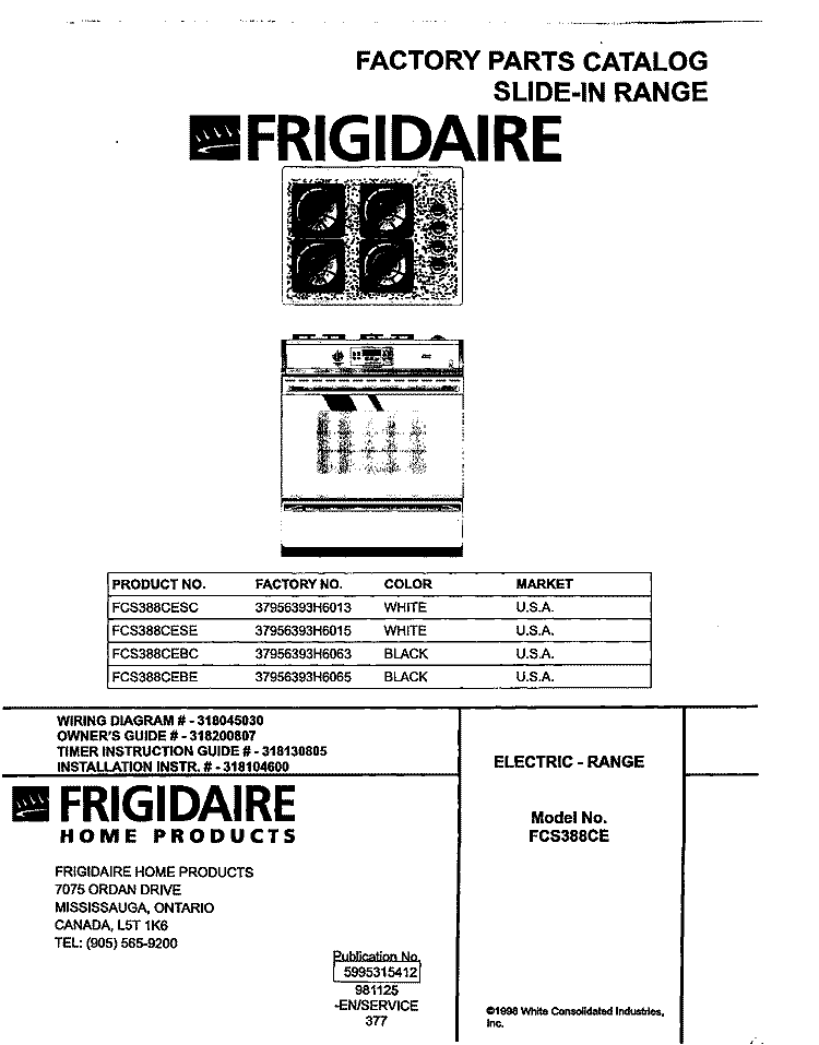 COVER Diagram and Parts List for FCS388CEBC  Frigidaire Range