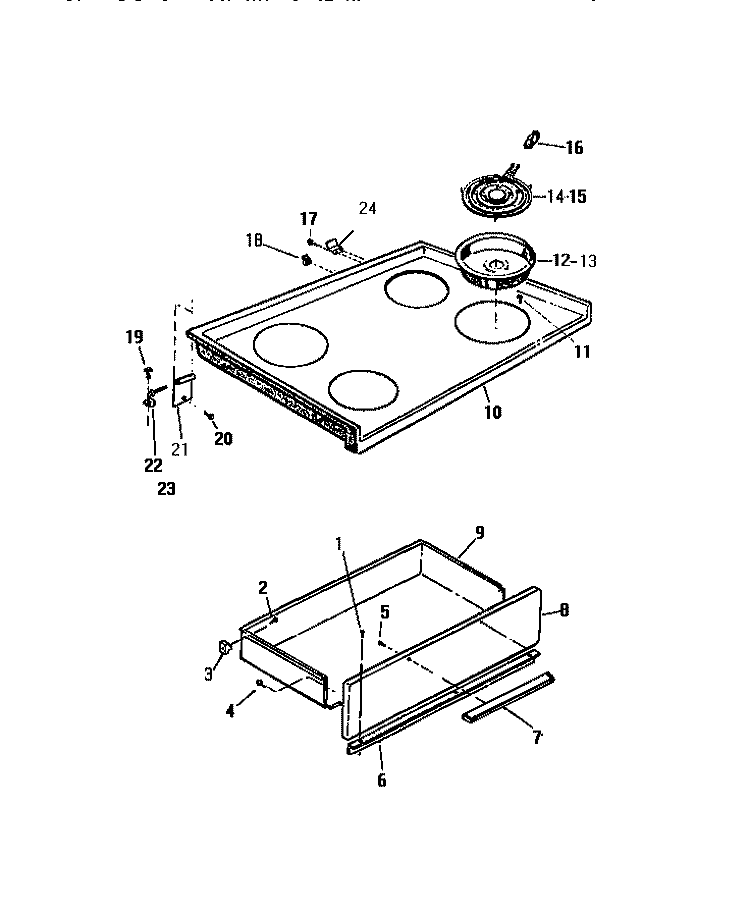 TOP, DRAWER Diagram and Parts List for KF404GDW0  Frigidaire Range