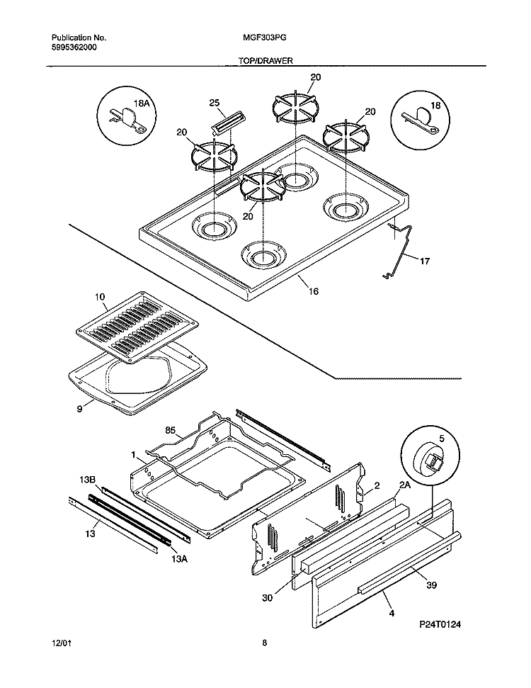 TOP / DRAWER Diagram and Parts List for MGF303PGWK  Uni Range