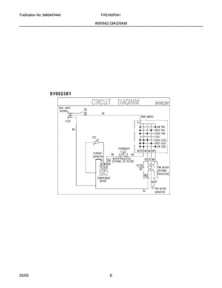 WIRING DIAGRAM Diagram and Parts List for FAS182P2A1  Frigidaire Air Conditioner