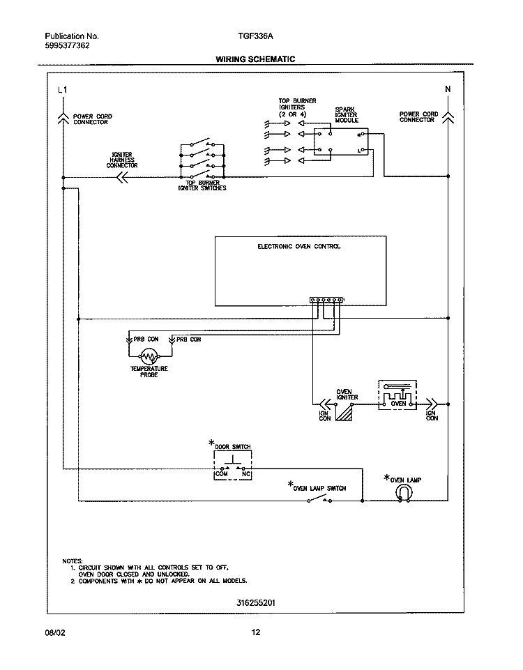 WIRING SCHEMATIC Diagram and Parts List for TGF336AUA  Tappan Range