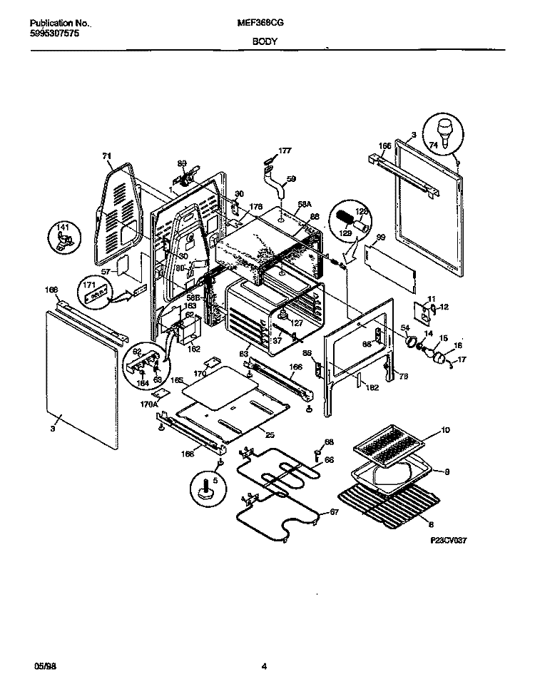 BODY Diagram and Parts List for MEF368CGS1  Frigidaire Wall Oven