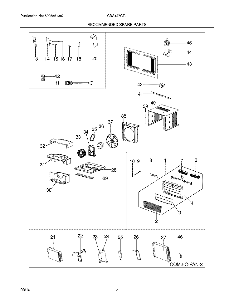 RECOMMENDED SPARE PARTS Diagram and Parts List for CRA127CT10  Frigidaire Air Conditioner