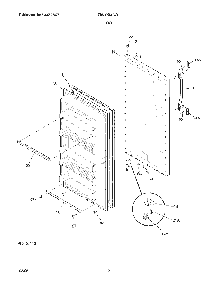 DOOR Diagram and Parts List for FRU17B2JW11  Frigidaire Refrigerator