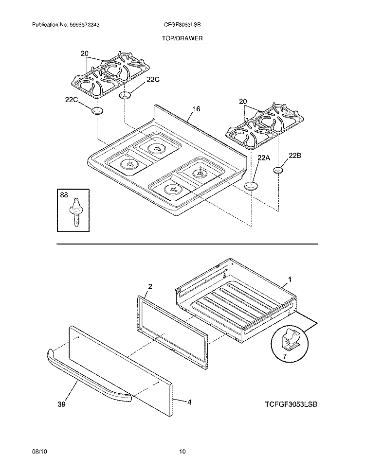 TOP/DRAWER Diagram and Parts List for CFGF3053LSB  Frigidaire Range