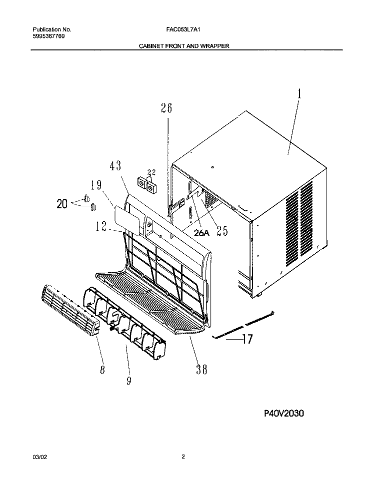 CABINET FRONT AND WRAPPER Diagram and Parts List for FAC053L7A1  Frigidaire Air Conditioner