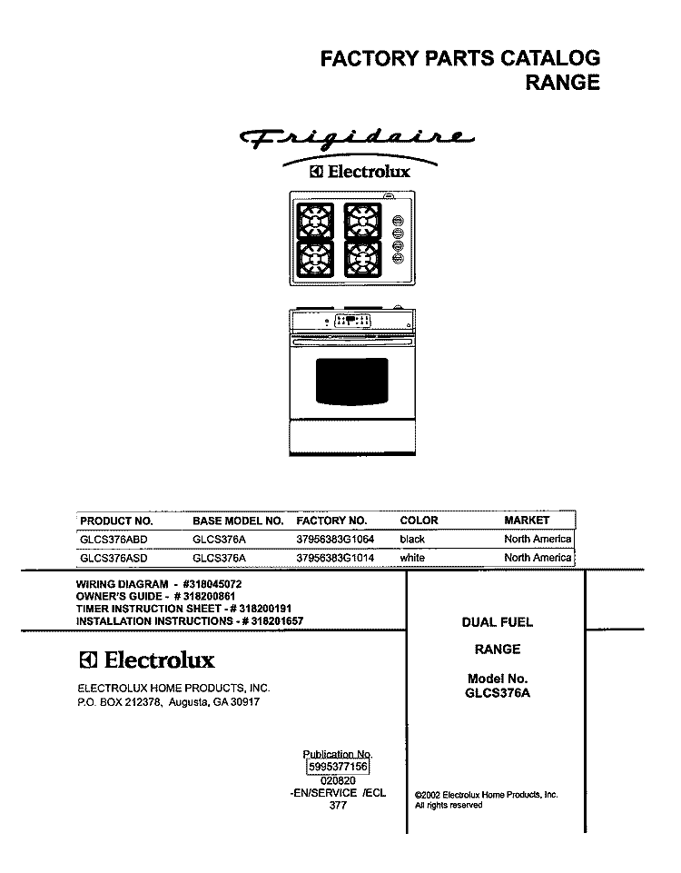 COVER Diagram and Parts List for GLCS376ASD  Frigidaire Range